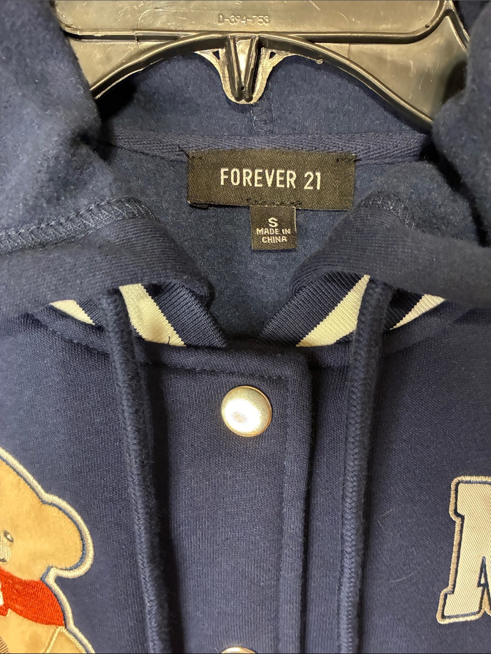 Forever 21 Kids Navy Hooded Varsity Jacket with Teddy & NYC Patches - Picture 3 of 10